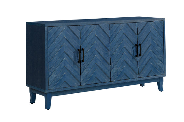 Homeroots 60" Blue Textural Chevron Distressed Wood Sideboard With Four Doors   568406