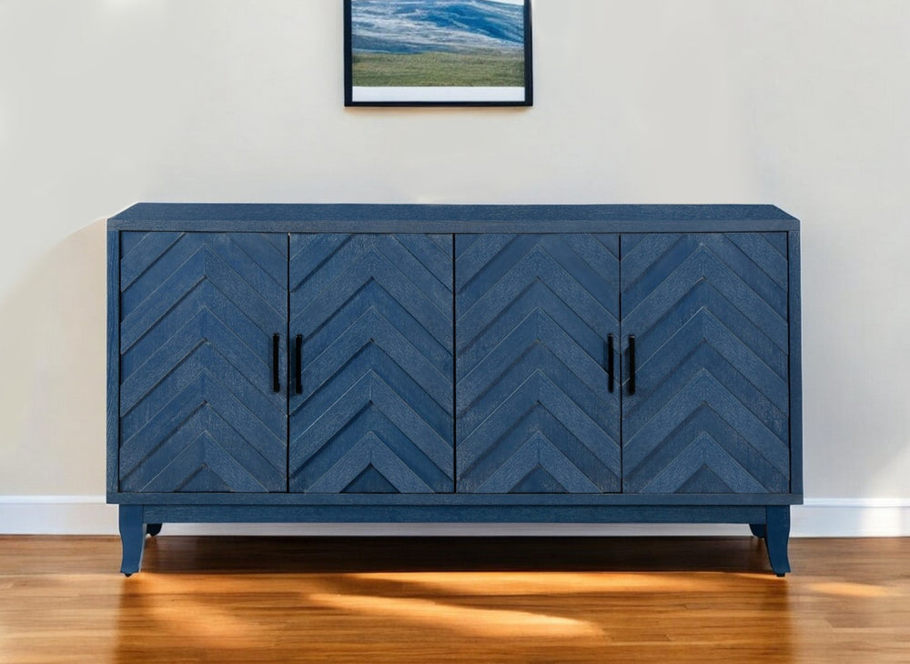 HomeRoots 60" Blue Chevron Distressed Wood Sideboard - Vintage Charm with Modern Storage for Any Space 568406