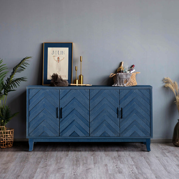 Homeroots 60" Blue Textural Chevron Distressed Wood Sideboard With Four Doors   568406