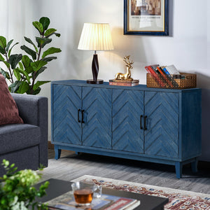 Homeroots 60" Blue Textural Chevron Distressed Wood Sideboard With Four Doors   568406