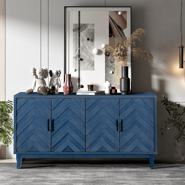 Homeroots 60" Blue Textural Chevron Distressed Wood Sideboard With Four Doors   568406