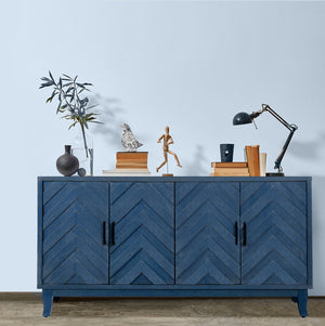 Homeroots 60" Blue Textural Chevron Distressed Wood Sideboard With Four Doors   568406