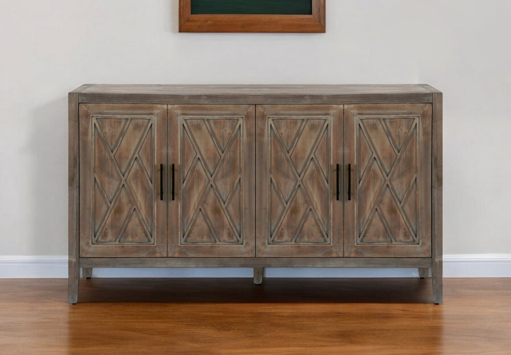 HomeRoots 60" Natural and Brown Distressed Sideboard - Stylish Mid-Century Storage with Geometric Texture 568408