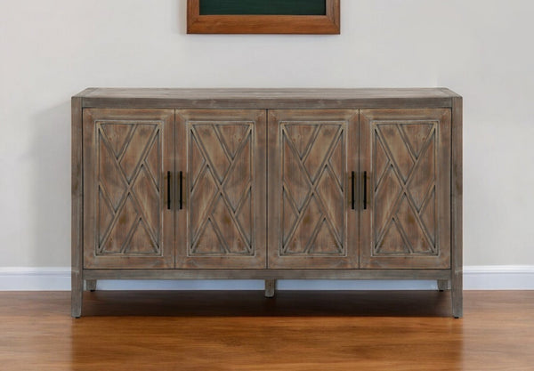HomeRoots 60" Natural and Brown Distressed Sideboard - Stylish Mid-Century Storage with Geometric Texture 568408