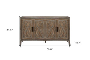 HomeRoots 60" Natural and Brown Distressed Sideboard - Stylish Mid-Century Storage with Geometric Texture 568408