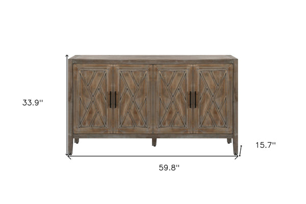 HomeRoots 60" Natural and Brown Distressed Sideboard - Stylish Mid-Century Storage with Geometric Texture 568408