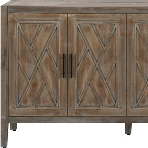 HomeRoots 60" Natural and Brown Distressed Sideboard - Stylish Mid-Century Storage with Geometric Texture 568408