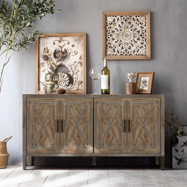 HomeRoots 60" Natural and Brown Distressed Sideboard - Stylish Mid-Century Storage with Geometric Texture 568408