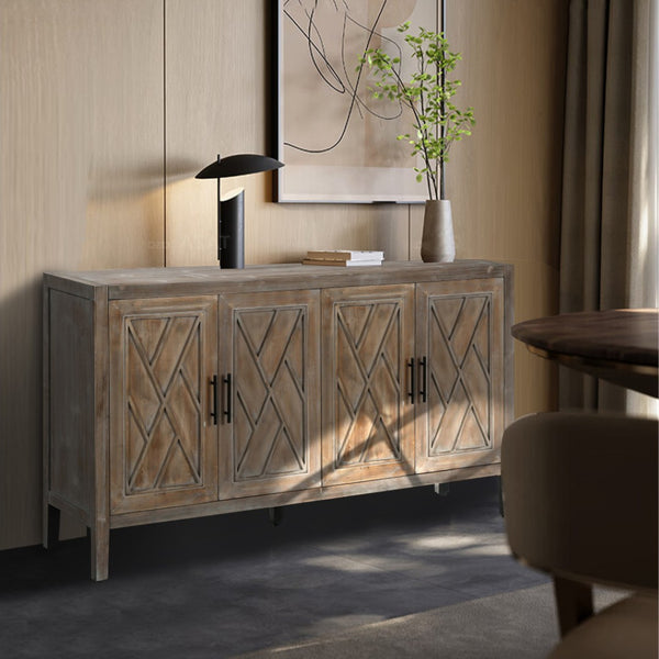 HomeRoots 60" Natural and Brown Distressed Sideboard - Stylish Mid-Century Storage with Geometric Texture 568408
