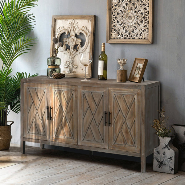 HomeRoots 60" Natural and Brown Distressed Sideboard - Stylish Mid-Century Storage with Geometric Texture 568408