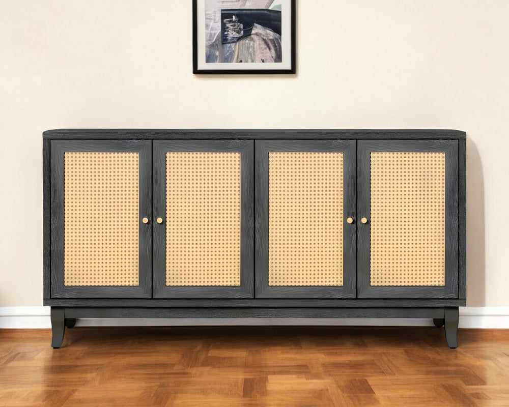 HomeRoots 65" Rustic Charcoal and Natural Wood Sideboard with Rattan Doors – Storage, Display, and Style! 568409