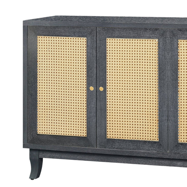 Homeroots 65" Charcoal And Natural Wood And Rattan Sideboard With Four Doors   568409