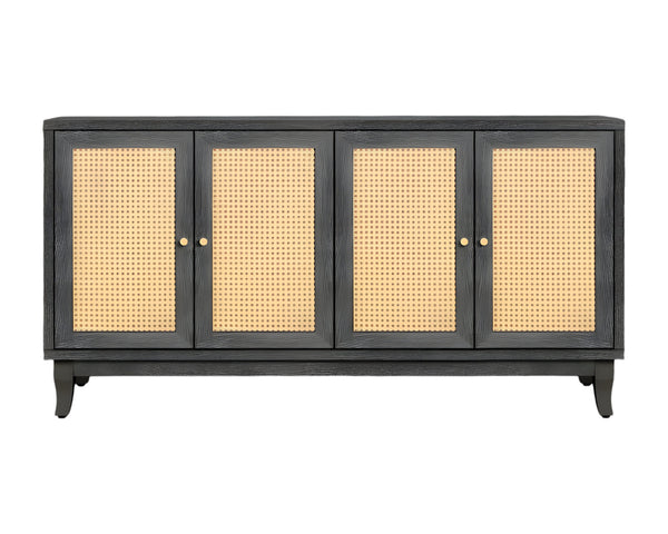 Homeroots 65" Charcoal And Natural Wood And Rattan Sideboard With Four Doors   568409
