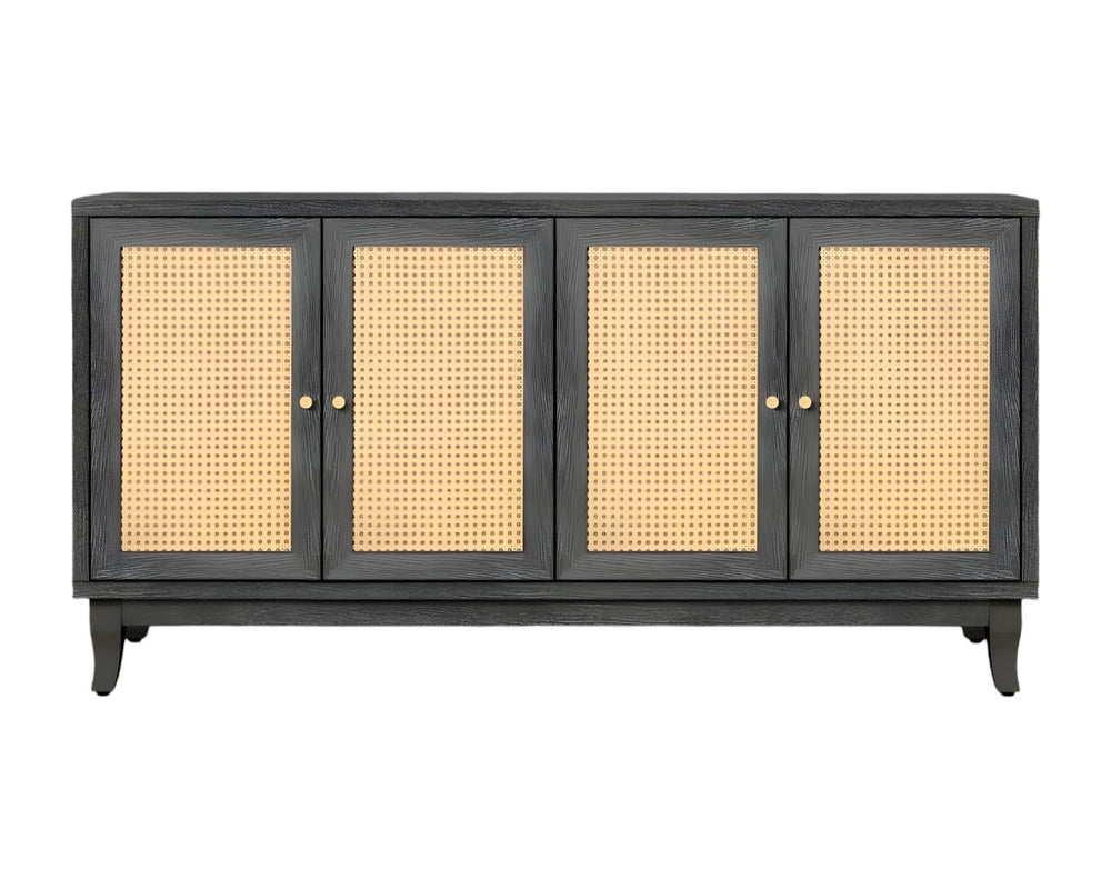 HomeRoots 65" Rustic Charcoal and Natural Wood Sideboard with Rattan Doors – Storage, Display, and Style! 568409