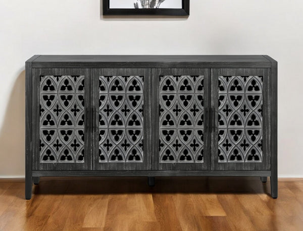 Homeroots 65" Charcoal Distressed Wood Sideboard With Four Doors   568410