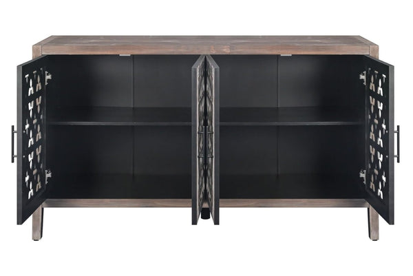 HomeRoots 63" Brown Distressed Sideboard with Carved Scrollwork - Rustic Storage Solution for Any Room 568411