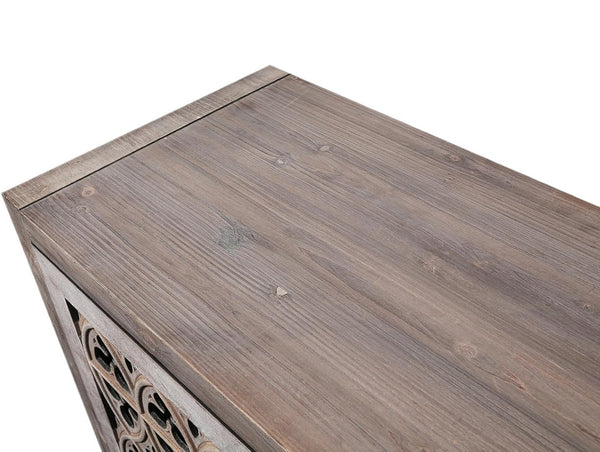 HomeRoots 63" Brown Distressed Sideboard with Carved Scrollwork - Rustic Storage Solution for Any Room 568411