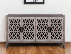 HomeRoots 63" Brown Distressed Sideboard with Carved Scrollwork - Rustic Storage Solution for Any Room 568411