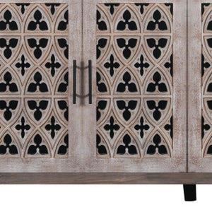 HomeRoots 63" Brown Distressed Sideboard with Carved Scrollwork - Rustic Storage Solution for Any Room 568411