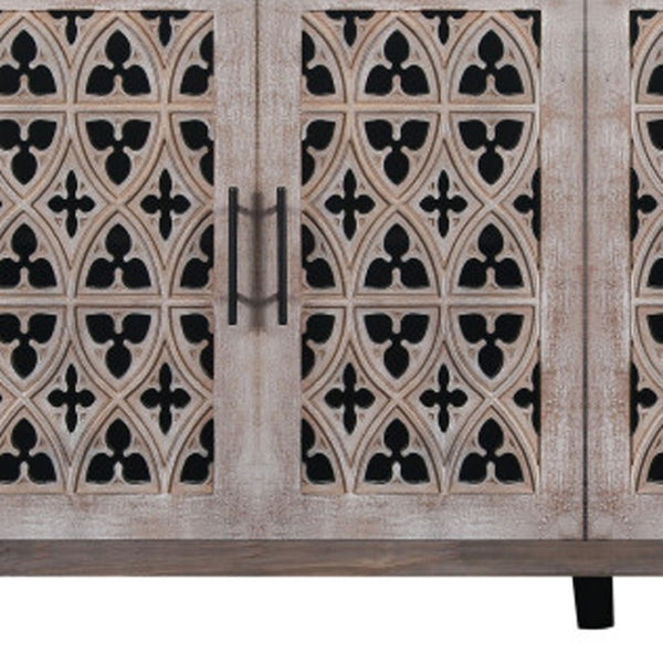 HomeRoots 63" Brown Distressed Sideboard with Carved Scrollwork - Rustic Storage Solution for Any Room 568411