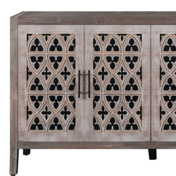 HomeRoots 63" Brown Distressed Sideboard with Carved Scrollwork - Rustic Storage Solution for Any Room 568411