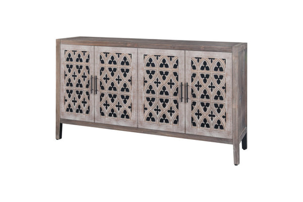 HomeRoots 63" Brown Distressed Sideboard with Carved Scrollwork - Rustic Storage Solution for Any Room 568411
