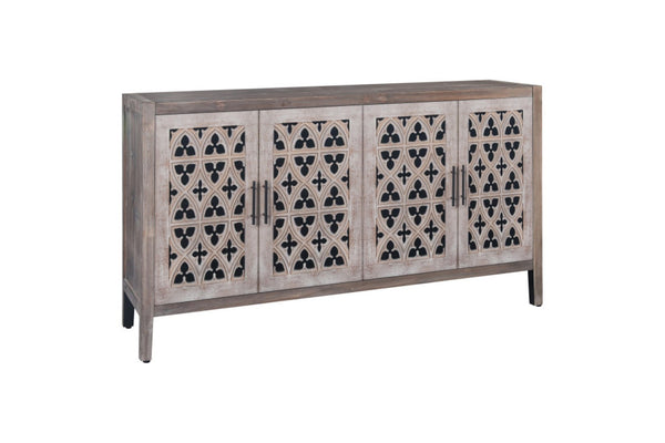 HomeRoots 63" Brown Distressed Sideboard with Carved Scrollwork - Rustic Storage Solution for Any Room 568411