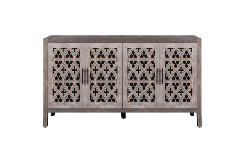 HomeRoots 63" Brown Distressed Sideboard with Carved Scrollwork - Rustic Storage Solution for Any Room 568411