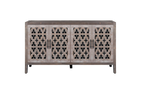HomeRoots 63" Brown Distressed Sideboard with Carved Scrollwork - Rustic Storage Solution for Any Room 568411