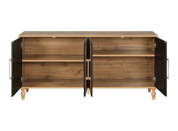 Homeroots 68" Natural Distressed Carved Geometric Sideboard With Four Doors   568412