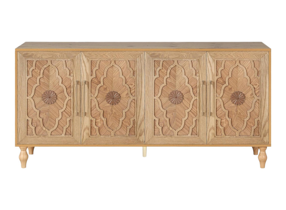 HomeRoots 68" Distressed Carved Geometric Sideboard - Stylish Storage Cabinet for Living & Dining Spaces 568412