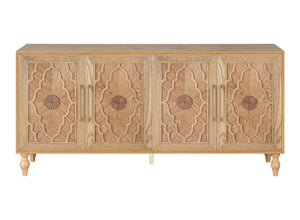 Homeroots 68" Natural Distressed Carved Geometric Sideboard With Four Doors   568412
