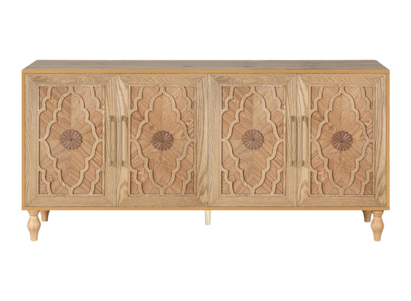 Homeroots 68" Natural Distressed Carved Geometric Sideboard With Four Doors   568412