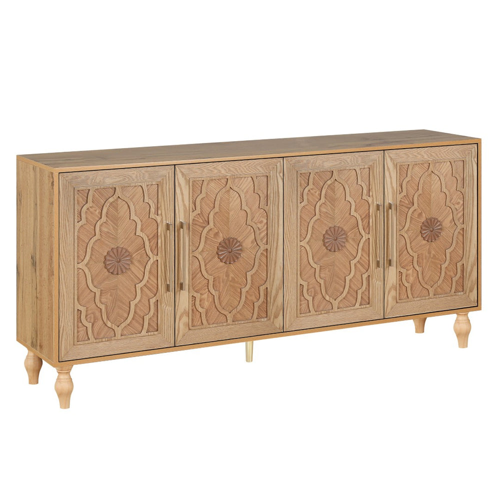 HomeRoots 68" Distressed Carved Geometric Sideboard - Stylish Storage Cabinet for Living & Dining Spaces 568412