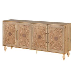 Homeroots 68" Natural Distressed Carved Geometric Sideboard With Four Doors   568412