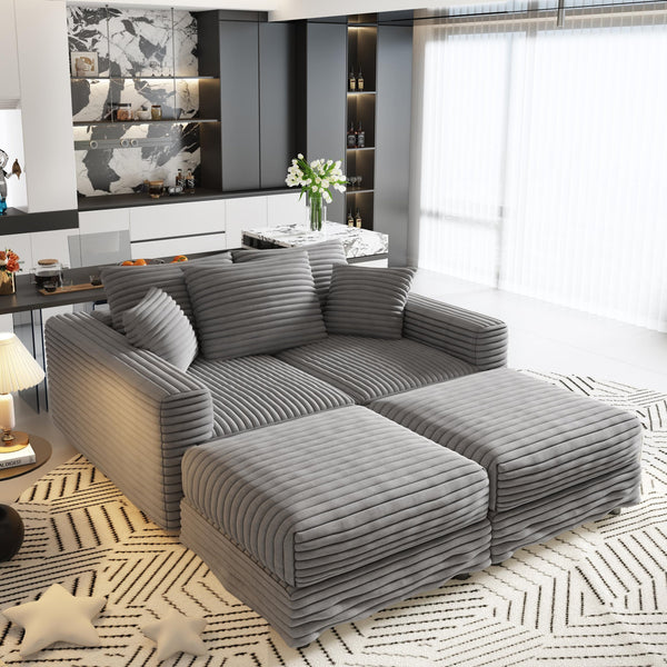 English Elm 82.7" Plush Corduroy 3-Seat Sofa - Modern Cloud Couch With Ottomans & Pillows For Ultimate Comfort W1885S00152