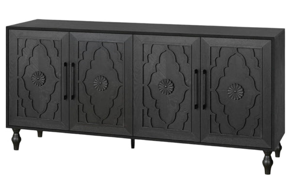 HomeRoots 68" Black Distressed Sideboard with Floral Carvings – Elegant Storage Solution for Modern Homes 568413