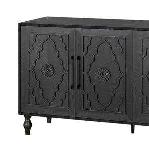 HomeRoots 68" Black Distressed Sideboard with Floral Carvings – Elegant Storage Solution for Modern Homes 568413