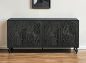 HomeRoots 68" Black Distressed Sideboard with Floral Carvings – Elegant Storage Solution for Modern Homes 568413