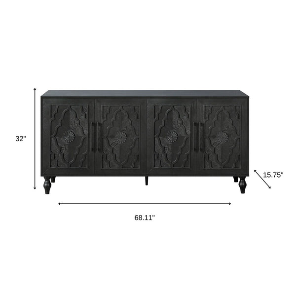 HomeRoots 68" Black Distressed Sideboard with Floral Carvings – Elegant Storage Solution for Modern Homes 568413