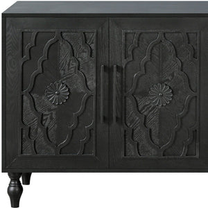 HomeRoots 68" Black Distressed Sideboard with Floral Carvings – Elegant Storage Solution for Modern Homes 568413