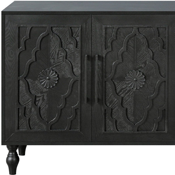 HomeRoots 68" Black Distressed Sideboard with Floral Carvings – Elegant Storage Solution for Modern Homes 568413