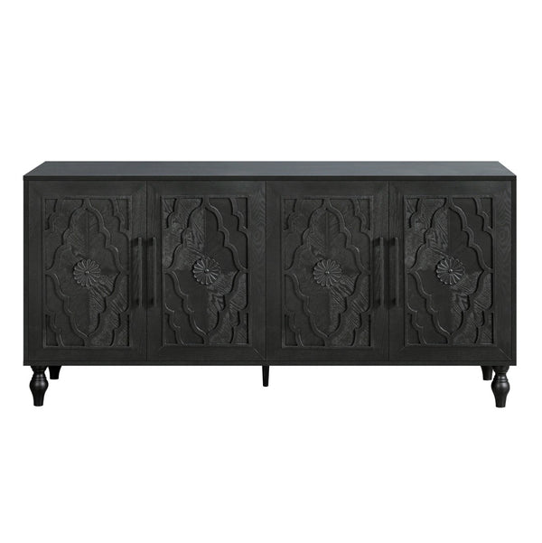 HomeRoots 68" Black Distressed Sideboard with Floral Carvings – Elegant Storage Solution for Modern Homes 568413