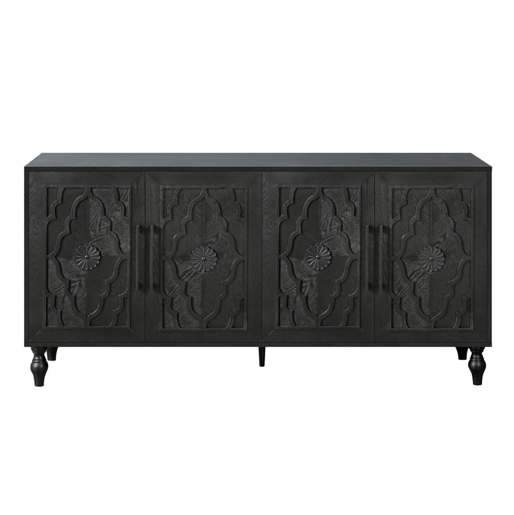 HomeRoots 68" Black Distressed Sideboard with Floral Carvings – Elegant Storage Solution for Modern Homes 568413
