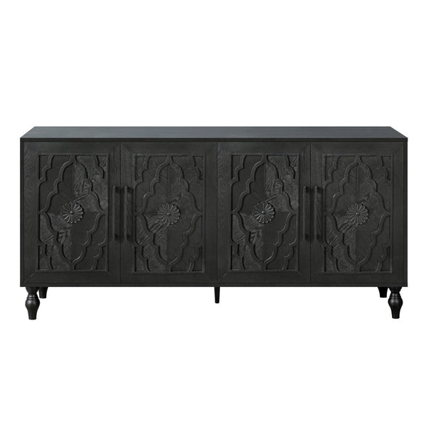 HomeRoots 68" Black Distressed Sideboard with Floral Carvings – Elegant Storage Solution for Modern Homes 568413