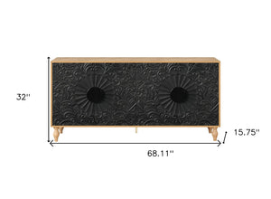 HomeRoots 68" Distressed Carved Floral Sideboard – Rustic Two-Tone Storage Buffet for Dining & Living Spaces 568414
