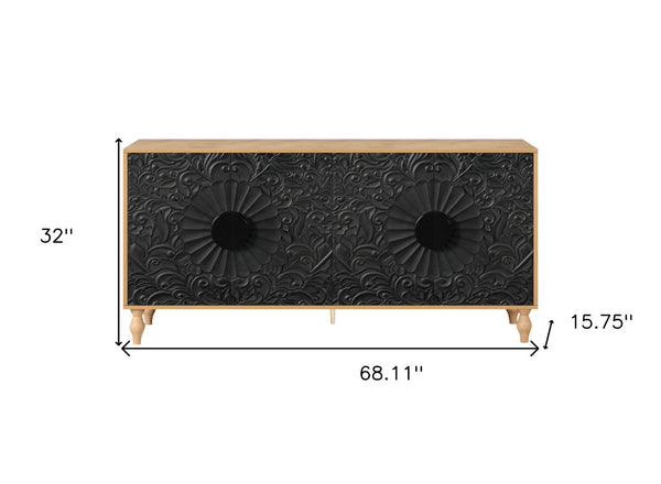 HomeRoots 68" Distressed Carved Floral Sideboard – Rustic Two-Tone Storage Buffet for Dining & Living Spaces 568414