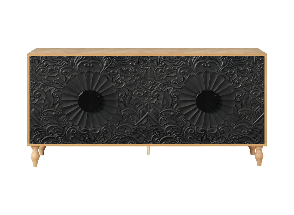 HomeRoots 68" Distressed Carved Floral Sideboard – Rustic Two-Tone Storage Buffet for Dining & Living Spaces 568414