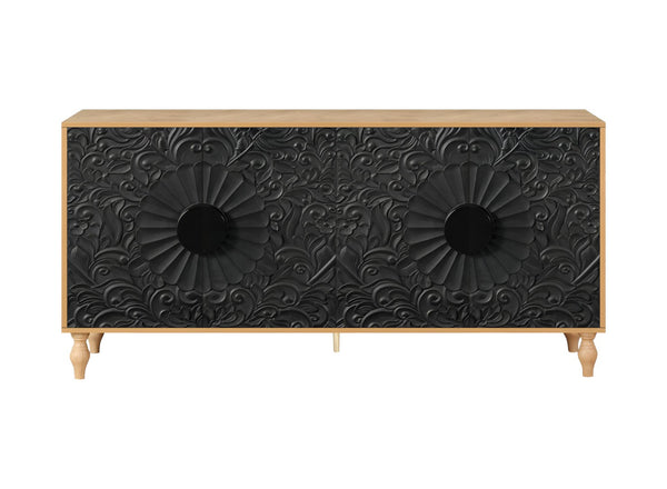 HomeRoots 68" Distressed Carved Floral Sideboard – Rustic Two-Tone Storage Buffet for Dining & Living Spaces 568414