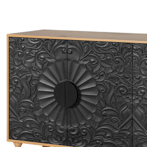 HomeRoots 68" Distressed Carved Floral Sideboard – Rustic Two-Tone Storage Buffet for Dining & Living Spaces 568414